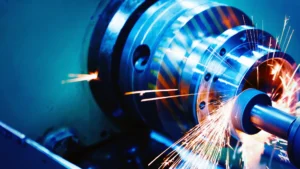 CNC precision grinding operation manufacturing a custom metal part with tight tolerances.