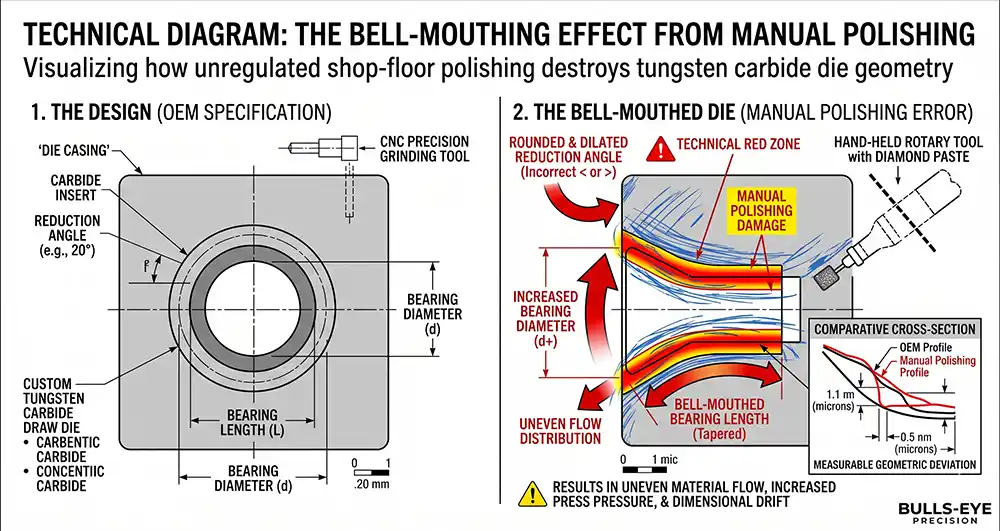 Technical diagram of bell-mouthing on a tungsten carbide die caused by manual shop-floor polishing.
