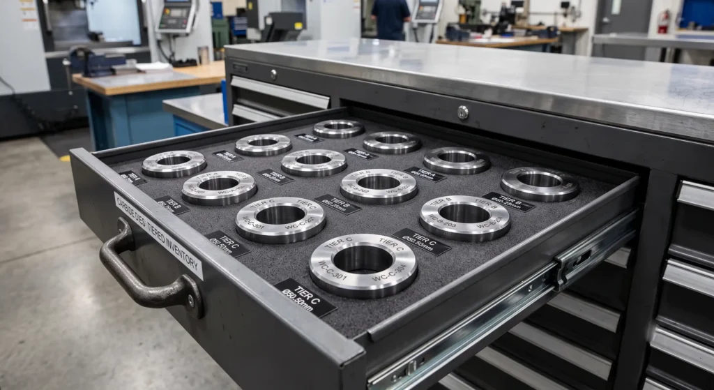 A clean, organized tool room drawer pulled open, revealing a neatly lined up sequence of heavy-duty tungsten carbide dies