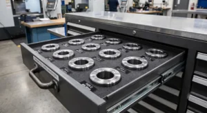 A clean, organized tool room drawer pulled open, revealing a neatly lined up sequence of heavy-duty tungsten carbide dies