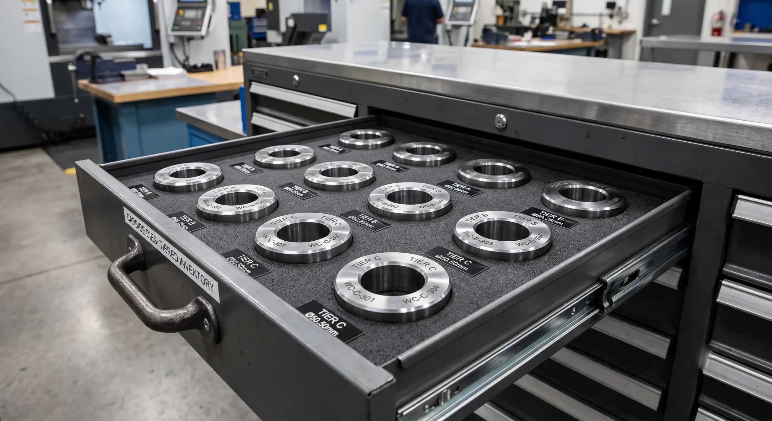 A clean, organized tool room drawer pulled open, revealing a neatly lined up sequence of heavy-duty tungsten carbide dies