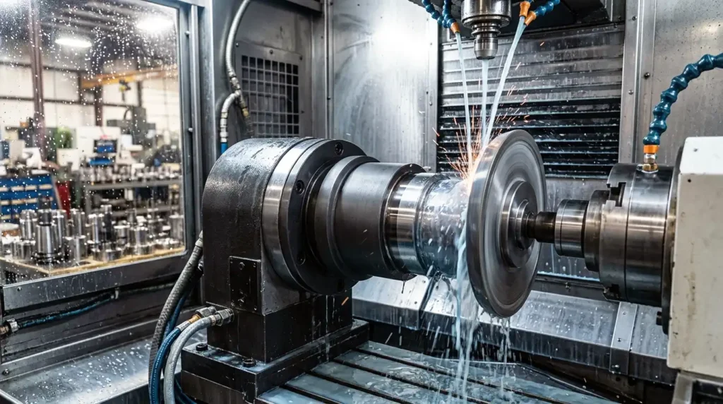 Precision CNC OD cylindrical grinding setup utilizing high-pressure flood coolant to machine a custom tungsten carbide industrial wear component